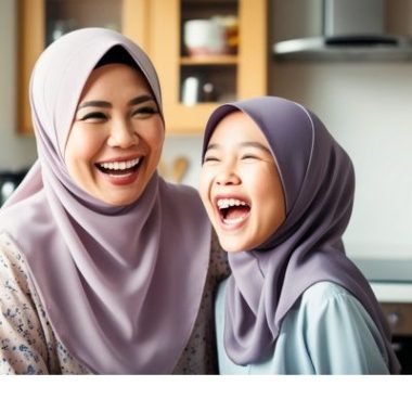 A parent and child laughing together at home.
