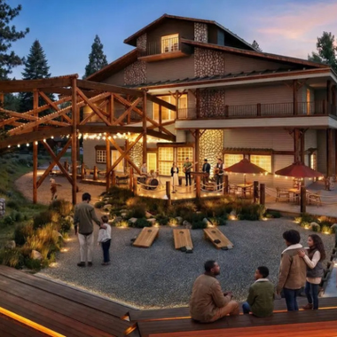 Rendering of a planned Field & Stream Lodge Co. property featuring a rustic, multilevel lodge, outdoor gathering spaces and families enjoying the mountain setting.